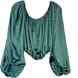 HYFVE Hunter Green Cropped‎ Top XL Silky Balloon Sleeves Gathered Neck & Waist